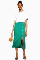 Topshop Green Button Ribbed Midi Skirt