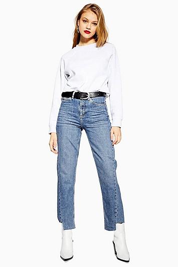 Topshop Mid Stone Twist Hem Straight Leg Jeans
