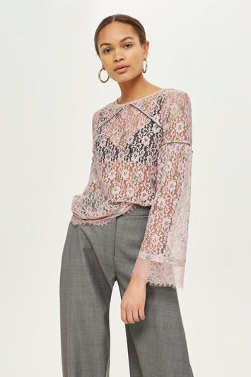 Topshop Print Lace Stud Trim Top