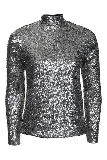 Topshop Long Sleeve Sequin Polo Neck Top