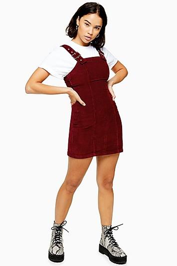 Topshop Petite Burgundy Corduroy Buckle Dress