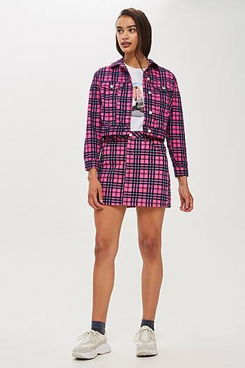 Topshop Pink Check Denim Skirt