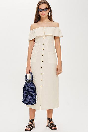Topshop Tall Linen Midi Bardot Dress
