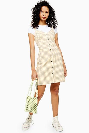 Topshop Tall Gingham Button Denim Mini Dress