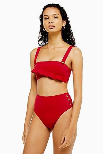 Topshop Red Neoprene Button Bikini Bottoms