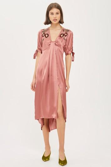 Topshop Satin Beaded Midi Dress