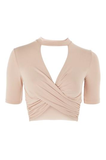 Topshop Petite Choker Short Sleeve Twist Crop Top