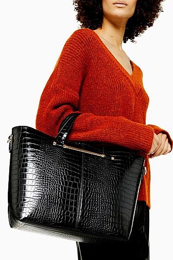 Topshop Taz Black Crocodile Tote Bag