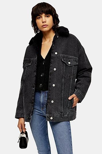 Topshop Black Wash Borg Lined Super Oversized Denim Jacket