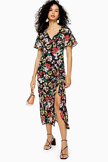 Topshop Floral V Neck Angel Sleeve Dress