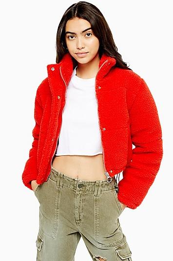 Topshop Petite Red Cropped Borg Jacket