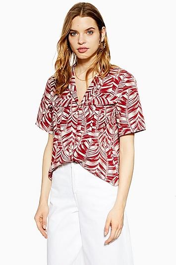 Topshop Tall Burgundy Palm Print Bowler Blouse