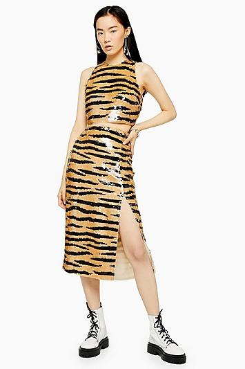 Topshop Gold Tiger Sequin Midi Skirt