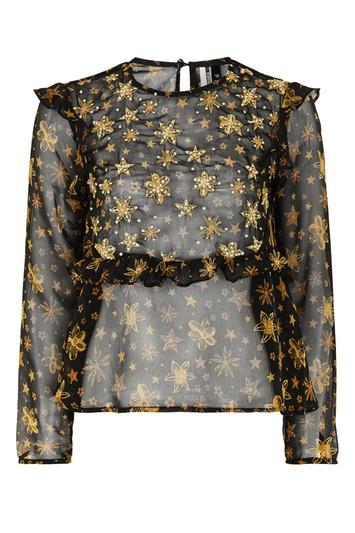 Topshop Star Embroidered Frill Blouse