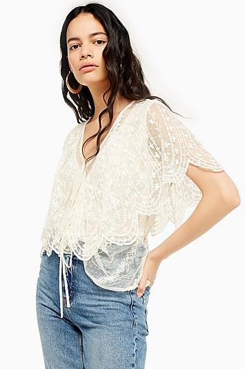Topshop Embroidered Tie Front Blouse