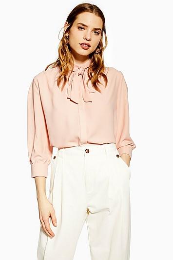 Topshop Pleat Tie Neck Shirt