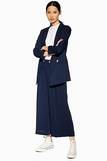 Topshop Navy Crop Wide Leg Trousers