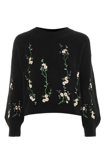 Topshop Floral Embroidered Ribbed Sweater