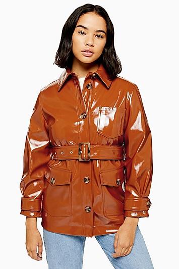 Topshop Petite Chicago Brown Belted Vinyl Coat