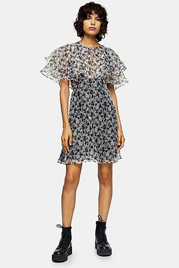 Topshop Black And White Organza Floral Mini Dress