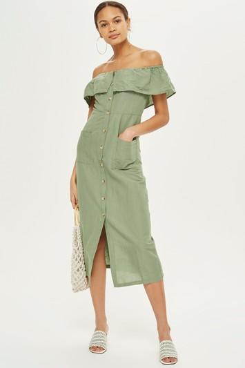 Topshop Linen Bardot Midi Dress