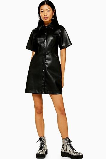 Topshop Black Faux Leather Pu Shirt Dress