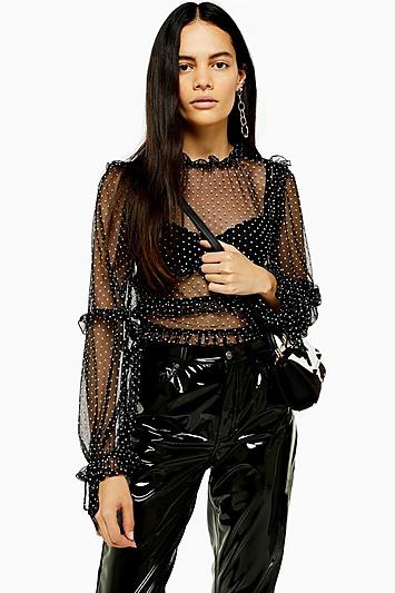Topshop Spot Mesh Balloon Sleeve Top