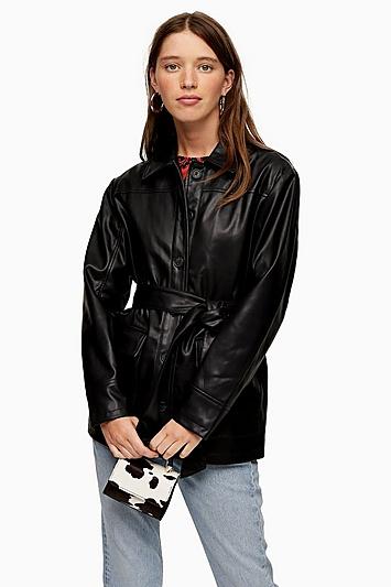 Topshop Faux Leather Tie Shacket