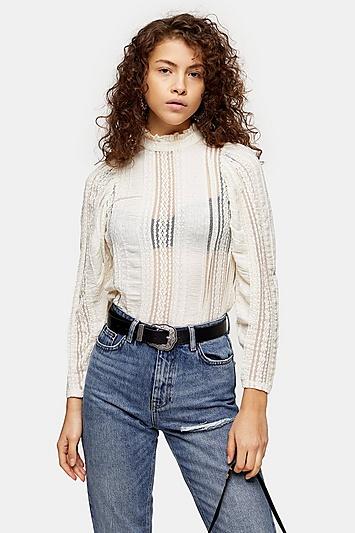 Topshop Petite Lace Crinkle Cold Shoulder Blouse