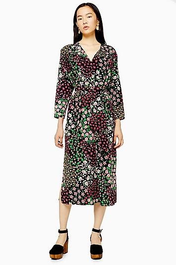 Topshop Multicoloured Floral Print Tie Smock Wrap Dress
