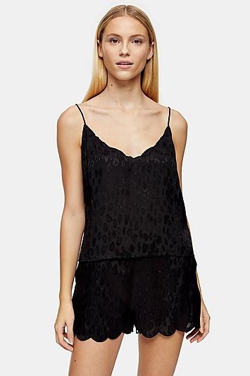 Topshop Black Pyjama Leopard Cami And Shorts