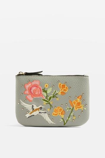 Topshop Stone Holly Bird Embroidered Zip Top Purse