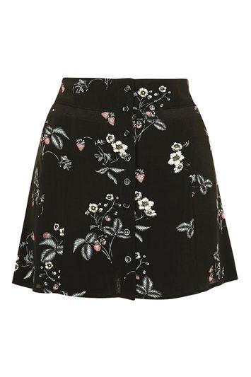 Topshop Strawberry Floral Button Skirt