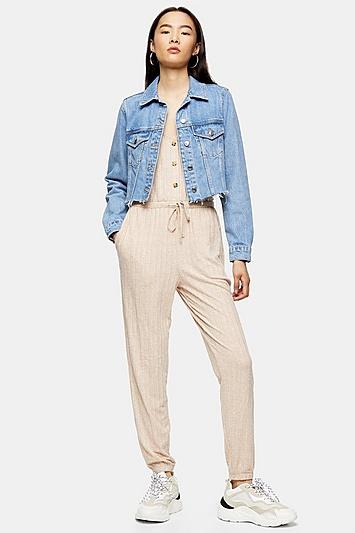 Topshop Sand Wide Ribbed Slouch Jumpsuit