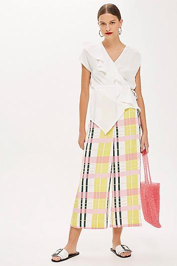 Topshop Bright Check Cropped Wide Trousers