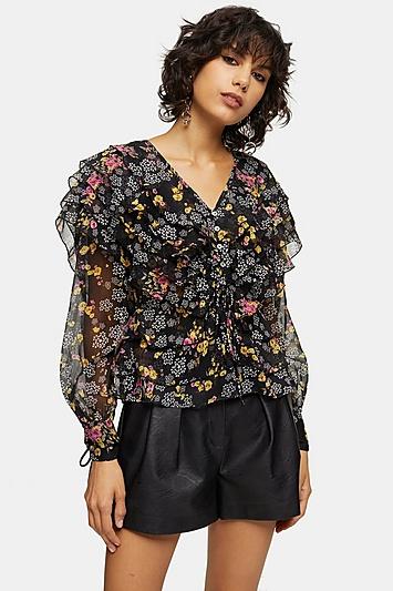 Topshop Black Floral Ruffle Layer Blouse