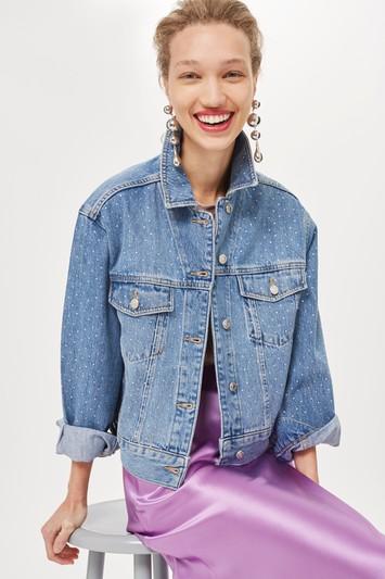 Topshop Diamante Oversized Denim Jacket