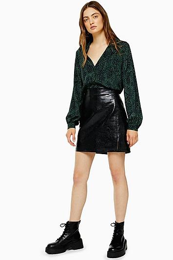 Topshop Petite Fiji Black Crocodile Pu Split Mini Skirt
