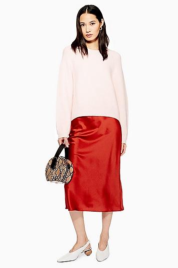 Topshop Petite Satin Bias Cut Midi Skirt