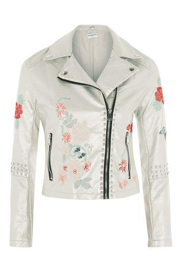 Topshop *embroidered Silver Biker Jacket By Glamorous