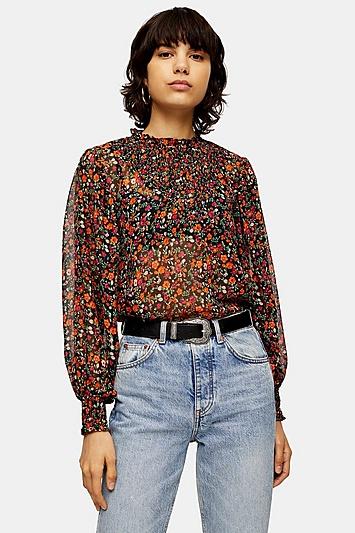 Topshop Ditsy Shirred Smock Blouse