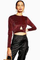 Topshop Cut Out Long Sleeve Ribbed Velvet Top