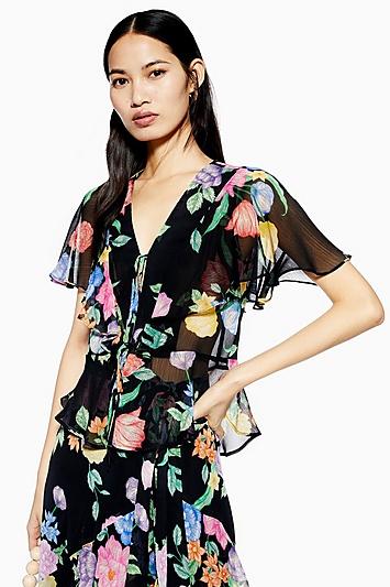 Topshop Floral Ruffle Tie Front Top