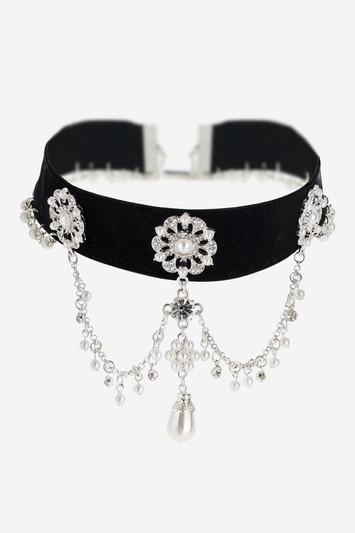 Topshop Rhinestone And Pearl Drop Choker Necklace