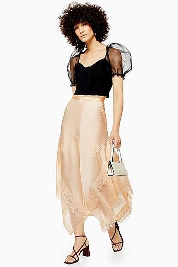 Topshop Champagne Lace Pintuck Midi Skirt