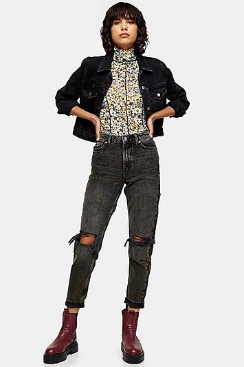 Topshop Washed Black Double Rip Mom Jeans