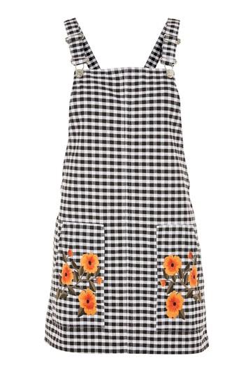 Topshop Moto Gingham Embroidered Pinafore Dress