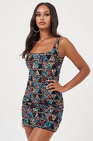 Club L *printed Square Neck Mini Dress By Club