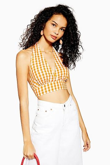 Topshop Gingham Halter Neck Blouse