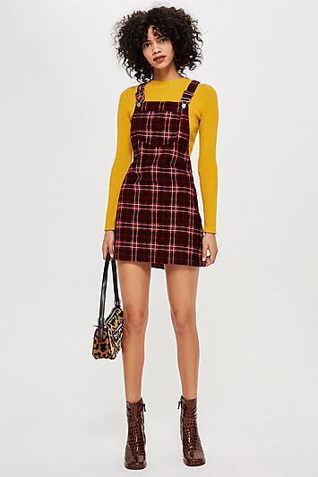 Topshop Petite Check Print Corduroy Pinafore Dress